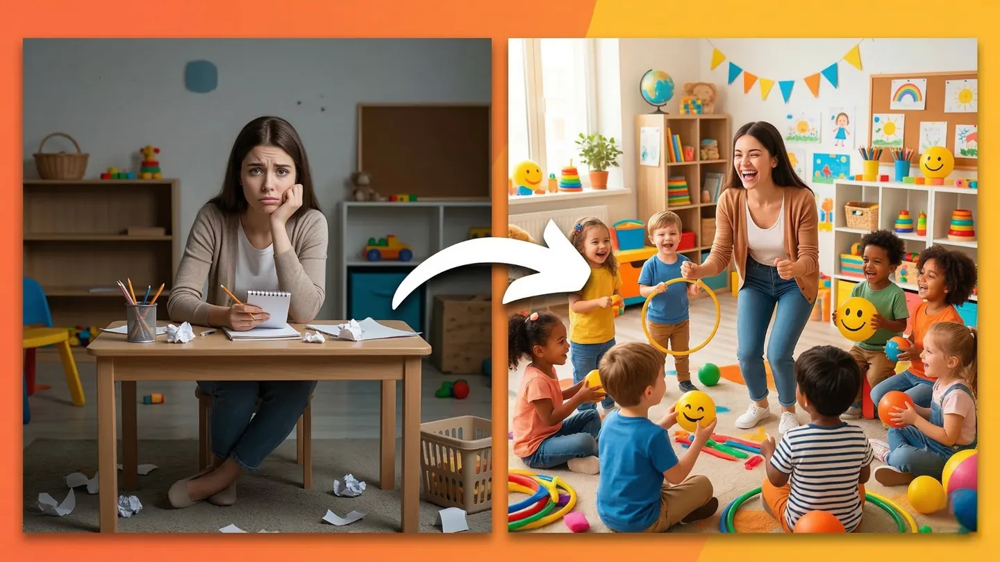 Docente de educación inicial con actividades listas para usar y un grupo participando con más calma